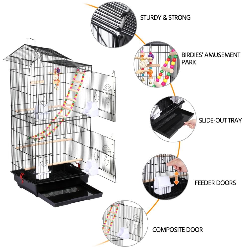 Yaheetech 39" Roof Top Flight Cage with Toys, Wrought Iron Bird Cage for Cockatiels, Conures, Lovebirds, Budgies & Small Birds