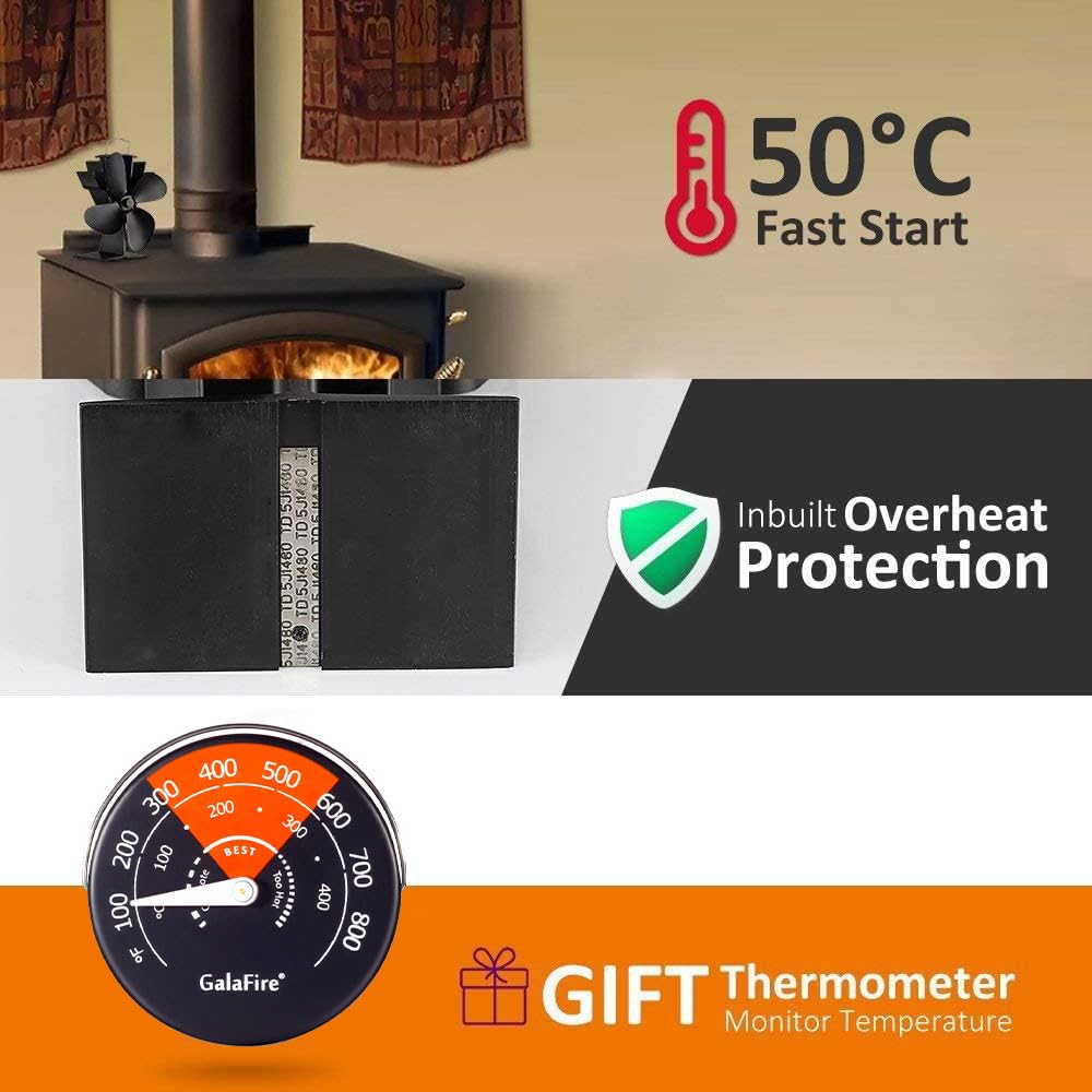 4-Blades Heat Powered Wood Stove Fan + Magnetic Thermometer, 122°F Start Non Electric Eco Fireplace Fan for Gas/Pellet/Log/Wood Burning Stoves
