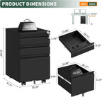 3 Drawer File Cabinet with Lock, Black Metal, Under Desk