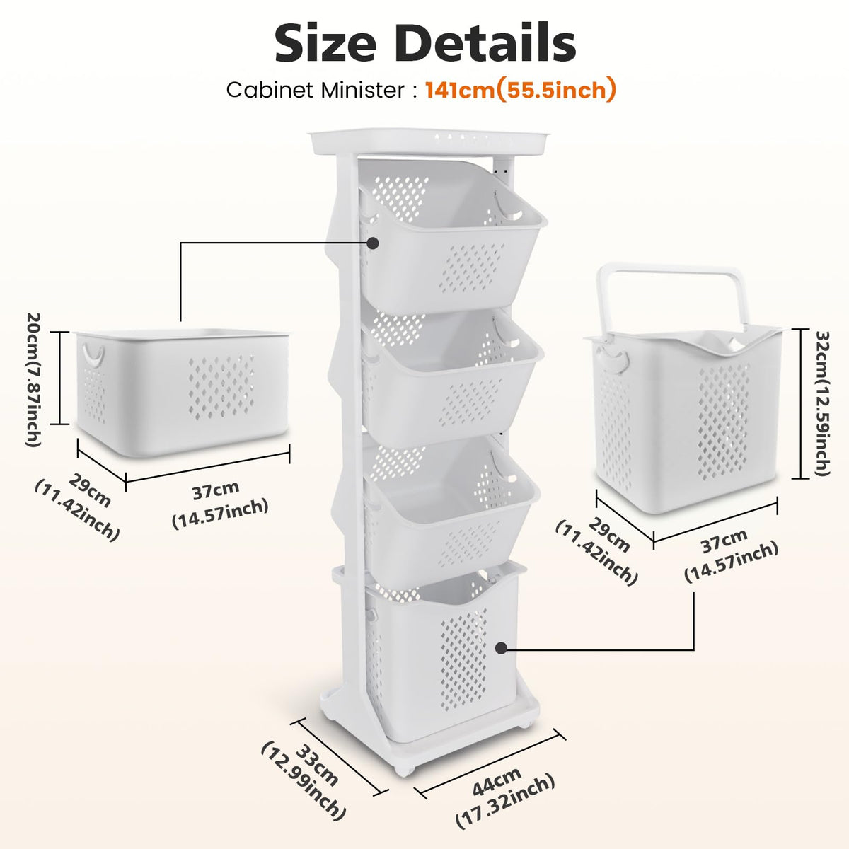 BAOKALER 4-Tier Laundry Hamper Sorter, Vertical Laundry Baskets with Wheel