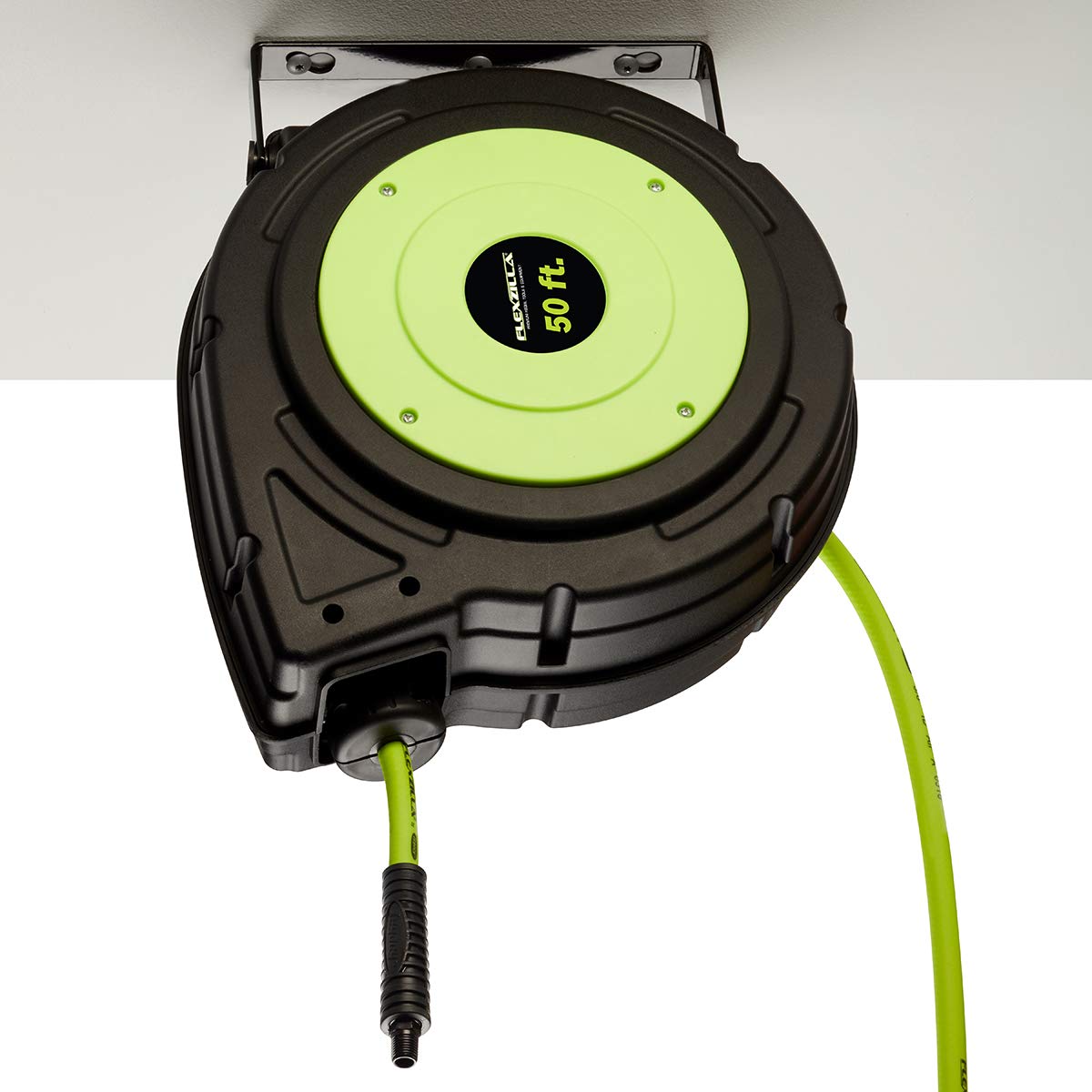 Flexzilla Retractable Enclosed Plastic Air Hose Reel, 3/8 in. x 50 ft., Heavy Duty, Lightweight, Hybrid, ZillaGreen - L8250FZ