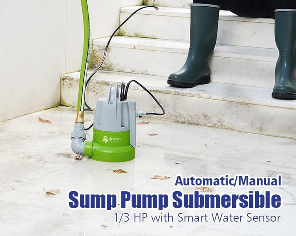 Green Expert 1/3HP Submersible Sump Pump with Water Sensor Switch, Low Water Last-Inch Drain Pump, 2000GPH Automatic/Manual Water Removal for Flooded