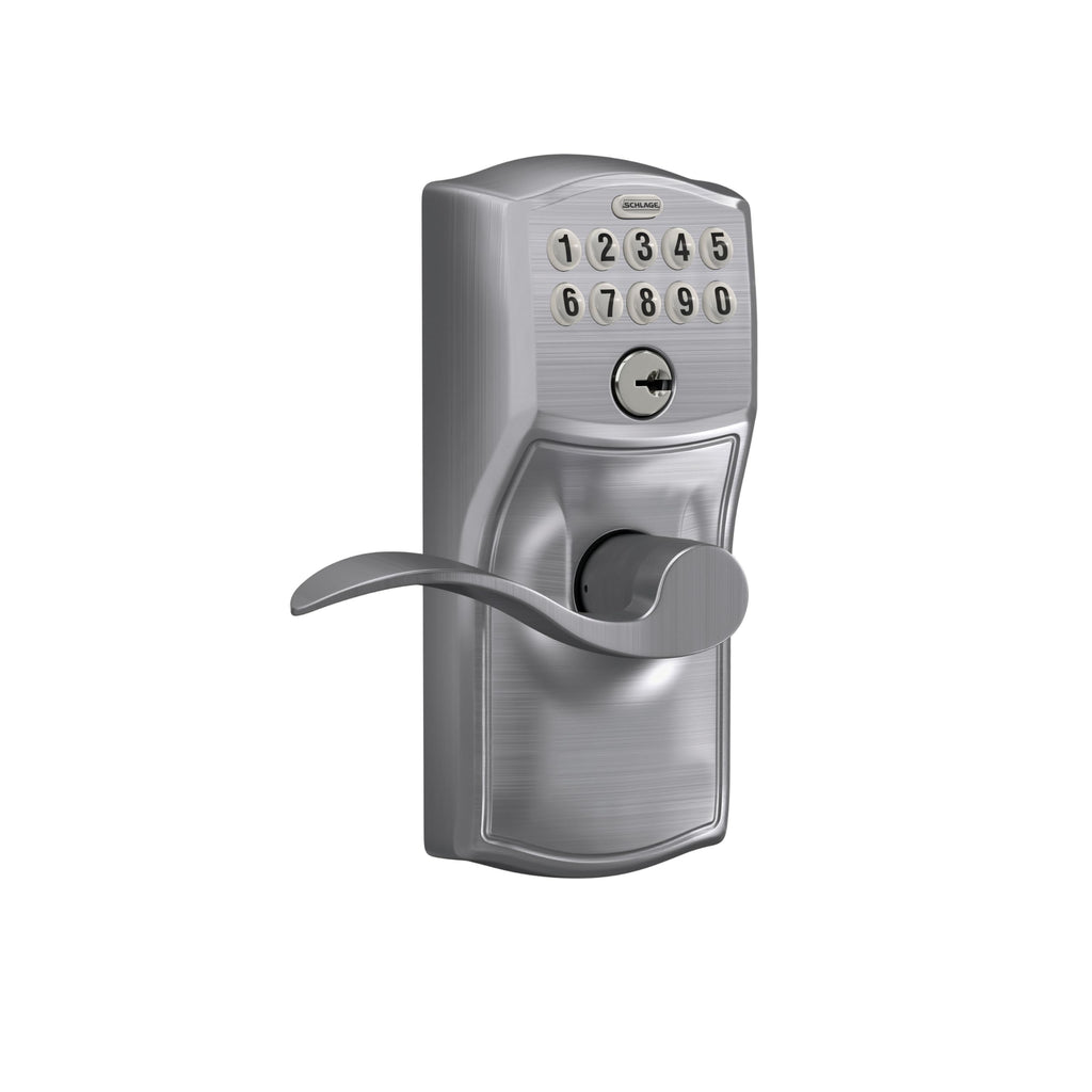 Schlage Electronic Keypad Lock, Lever Handle, Camelot Trim, Satin Chrome