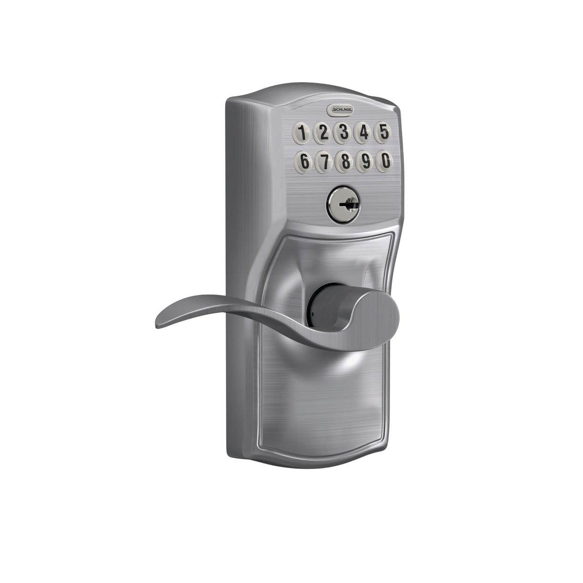 Schlage Electronic Keypad Lock, Lever Handle, Camelot Trim, Satin Chrome