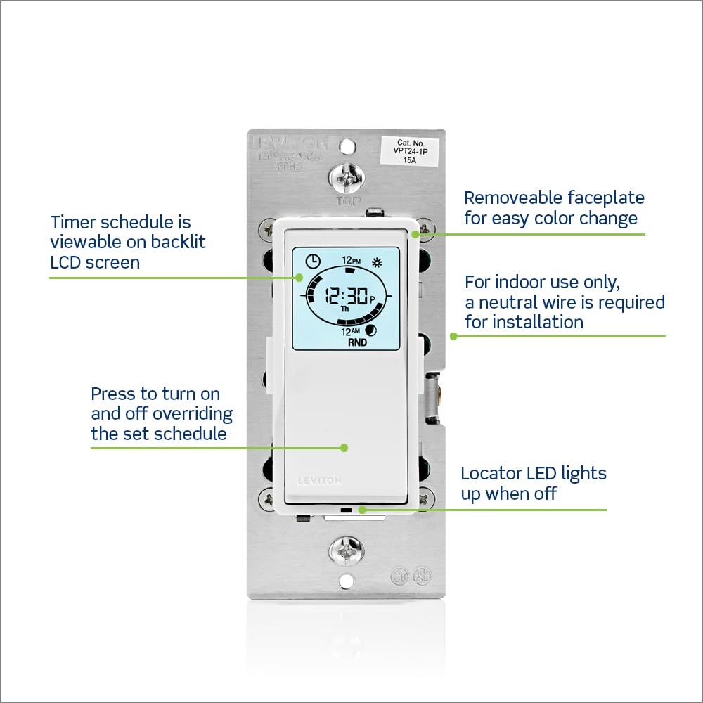 Leviton Decora Programmable and Astronomical Timer Switch for Lights and Motor Loads, Neutral Wire Required, Single Pole or 3-Way, VPT24-1PZ, White
