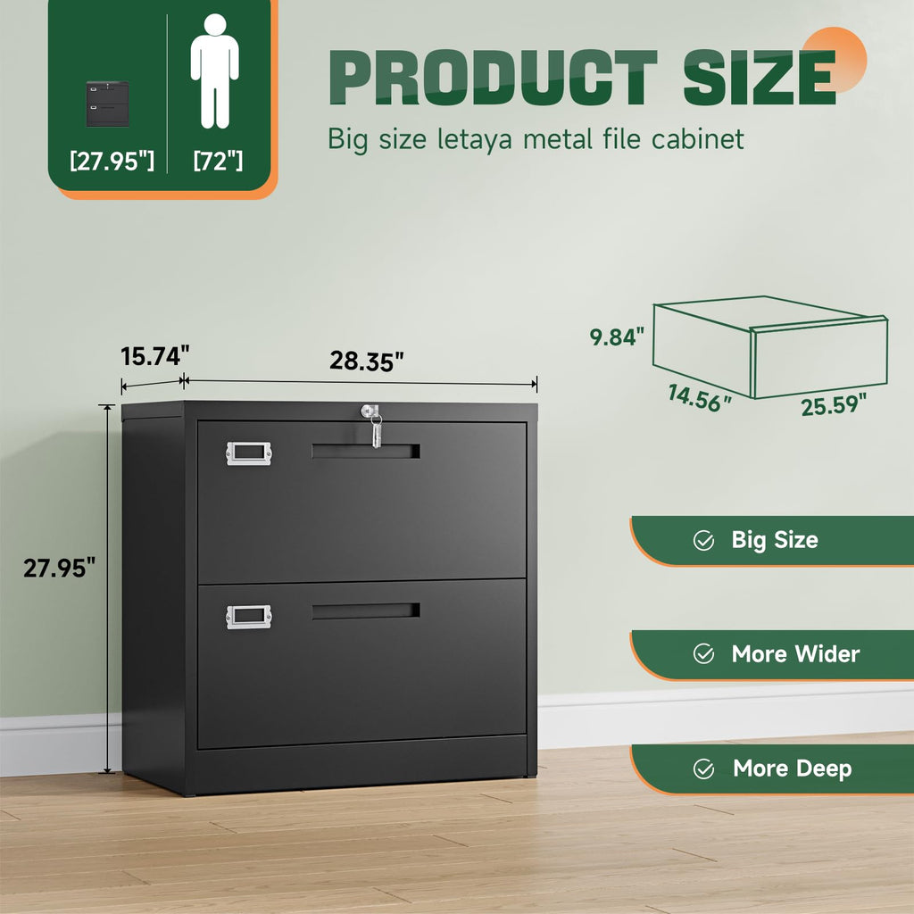 2 Drawer File Cabinet with Lock,Metal Lateral Filing Cabinet for Home Office,Hanging Letter/Legal/A4 Size (Black, H27.95×W28.35×D15.74)