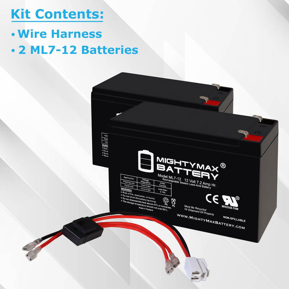 Mighty Max Battery Extended Range Drop in Replacement for 12v Razor ride on toy 7ah battery kit and harness