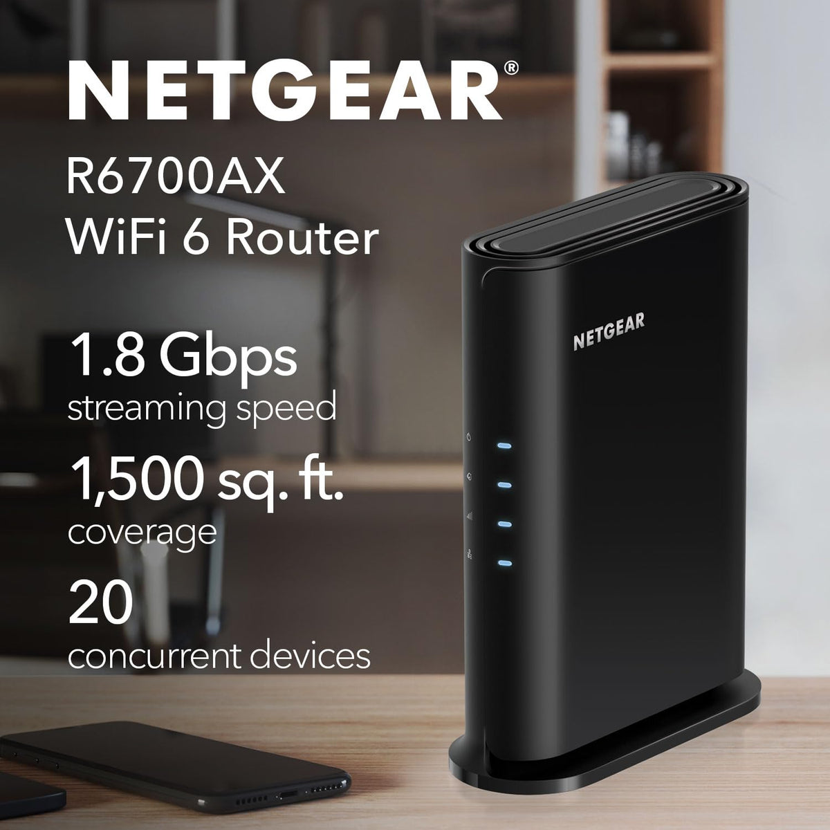 NETGEAR Nighthawk WiFi 6 Router R6700AX, Up to 1,500 sq ft, 1.8 Gbps