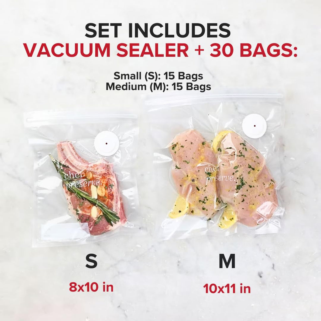 Chef Preserve Compact Vacuum Sealer for Food (Vacuum Sealer Machine + 20 Reusable Vacuum Bags) Powerful Handheld Vacuum Sealer Machine, Seal Meal