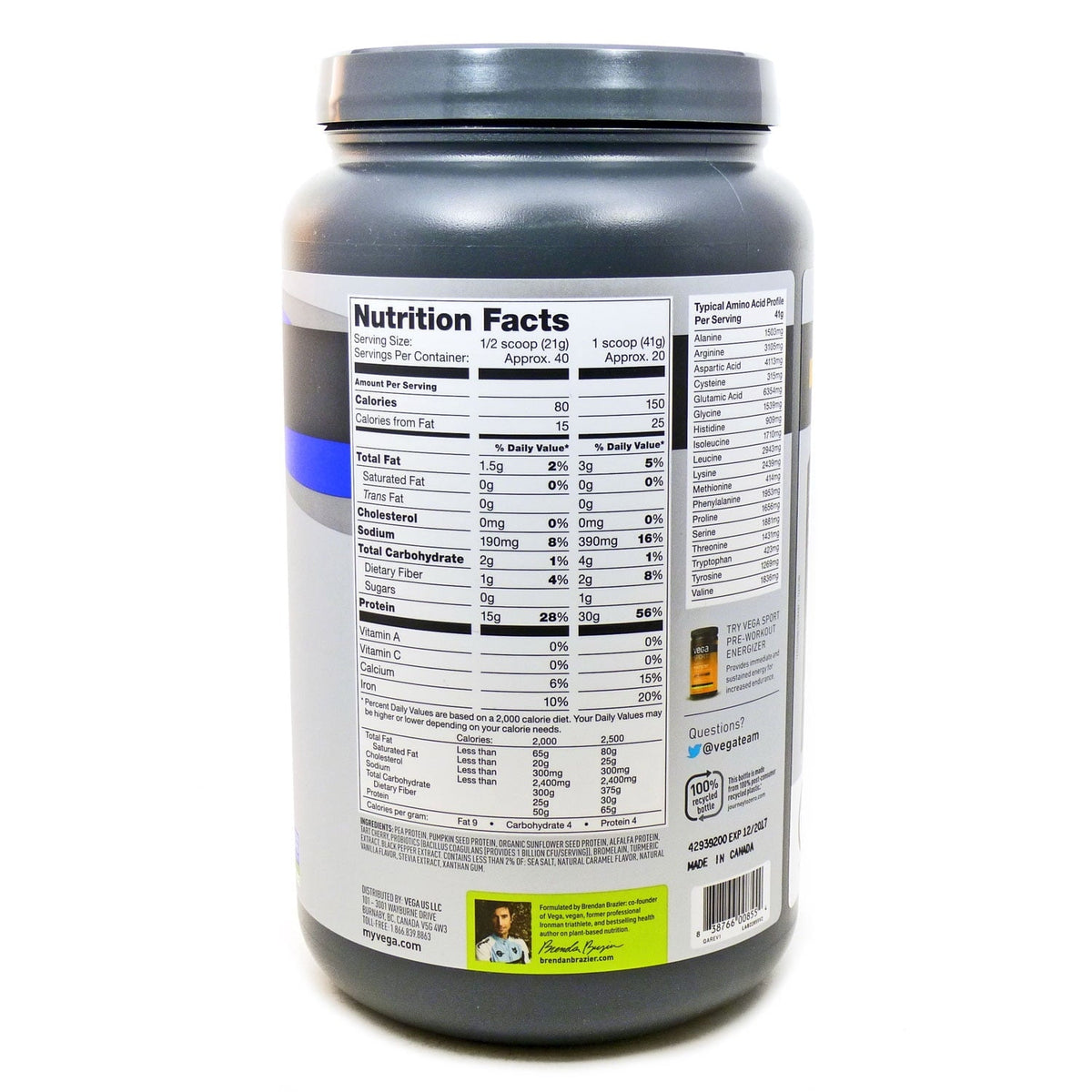 Vega Protein +Recovery Powder, Vanilla, 30g Protein, 20 Servings