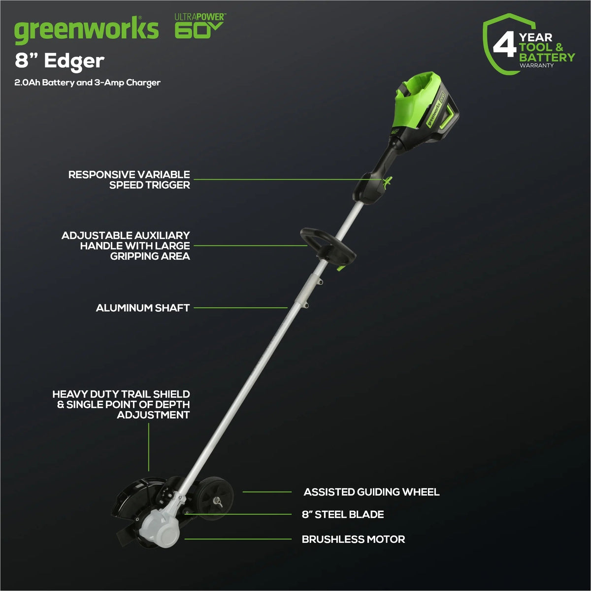 Greenworks Cordless Edger 60V 8 in Brushless With 2.0 Ah Battery And Charger