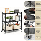 TAIMASI 3-Tier Foldable Metal Shelf with Wheels, Heavy-Duty Movable Wire Rack for Garage, Kitchen, Basement, Pantry Storage, 28''L x 13.4''W x