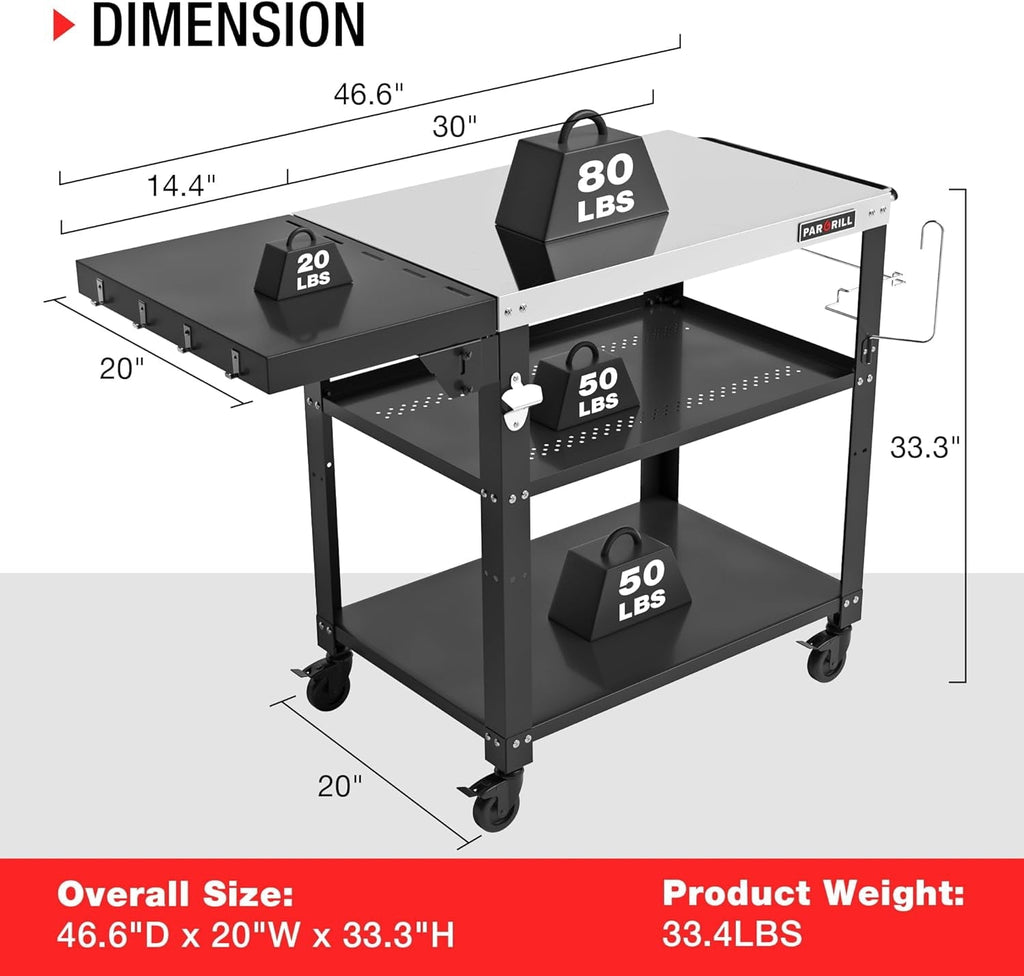 PARGRILL Three-Shelf Outdoor Grill Prep Utility Cart with Foldable Side Table, 46.6" x 20", 4 Lockable Casters，200 LBS