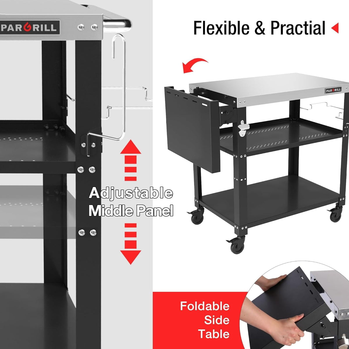 PARGRILL Three-Shelf Outdoor Grill Prep Utility Cart with Foldable Side Table, 46.6" x 20", 4 Lockable Casters，200 LBS