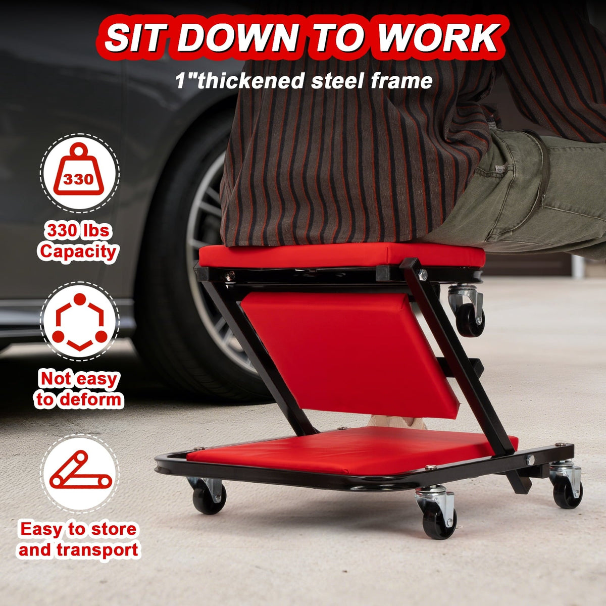36 inch Foldable Creeper Seat, 2 in 1 Rolling Folding Car Creeper/Stool, 6 Pcs 2" Casters, 330 Lbs Weight Capacity, Wheels for Garage, Shop, Auto