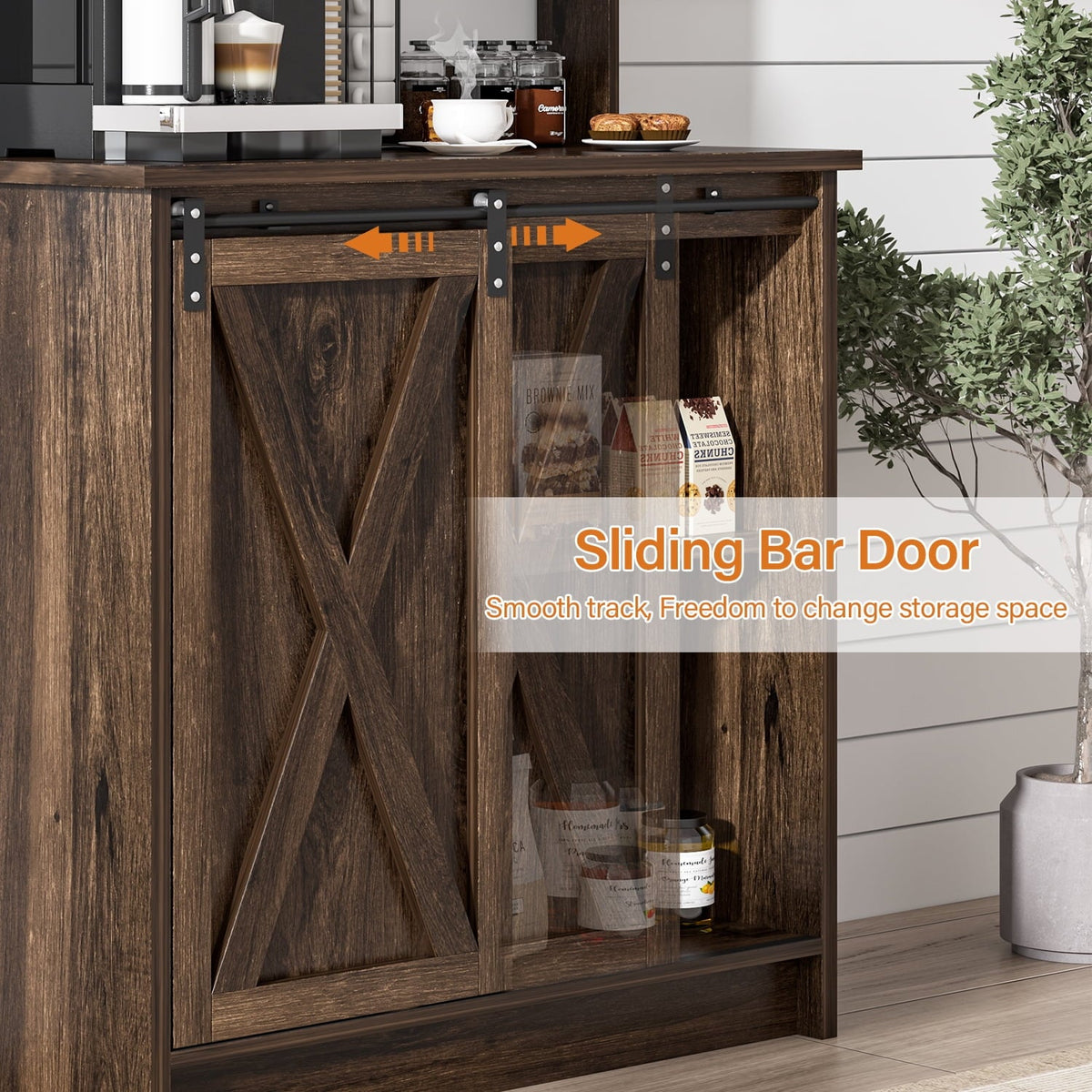 Catrimown Farmhouse Coffee Bar Cabinet, Sideboard Buffet Cabinet with Storage and Shelf, Dark Oak