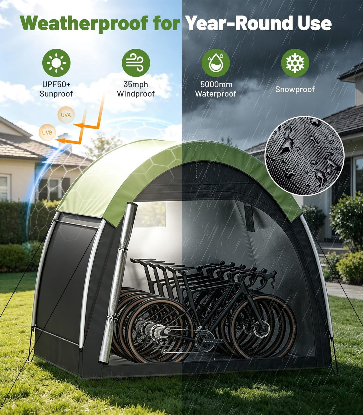 Housolution Bike Tent, Outdoor Bike Storage Shed, Waterproof Bicycle Cover with 210d Oxford, Portable Bicycle Tent for 4-5 Bikes, Lawn Mower