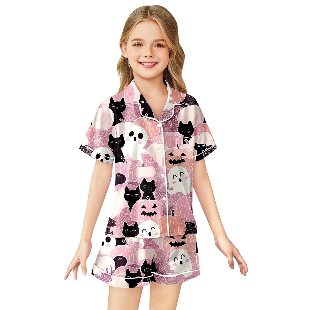 CUZIBR Girls Halloween Pajamas Sets Soft Comfortable Ghost Pumpkin Lapel Button Short Sleeve Shirt Elastic Waist Shorts 2 Pieces Sleep Loungewear Relaxed Sleepwear Outfits, Orange-C