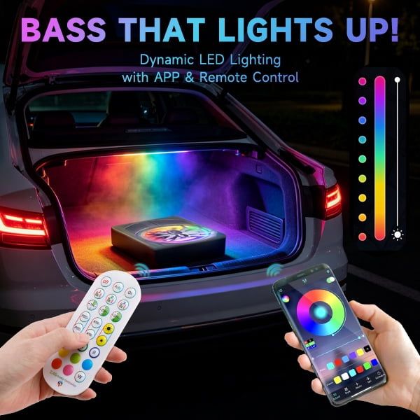 1200W Car Subwoofer with APP Control and Colour Light, 10'' 12V Slim Under Seat Powered Car Subwoofer w/Built-in Amplifier & Hi/Lo Input Bass Speaker