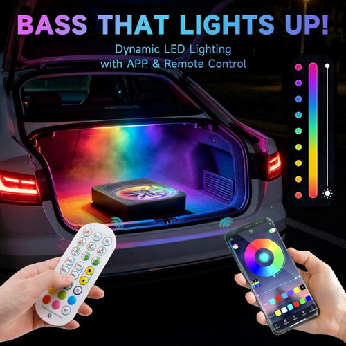 1200W Car Subwoofer with APP Control and Colour Light, 10'' 12V Slim Under Seat Powered Car Subwoofer w/Built-in Amplifier & Hi/Lo Input Bass Speaker