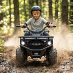 OLAKIDS 24V Kids ATV Quad with 5Mph Max Speed, Spring Suspension, LED Lights, Music & Story Player, Big Tires, 2 Storage Spaces, Ride On Car for Boys