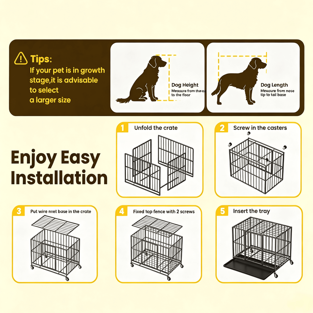 Time Ray 38 inch Dog Crate for Medium Dog with Steel Escape Proof,Heavy Duty Indestructible Dog Kennel with Double Doors,Lockable Wheels and