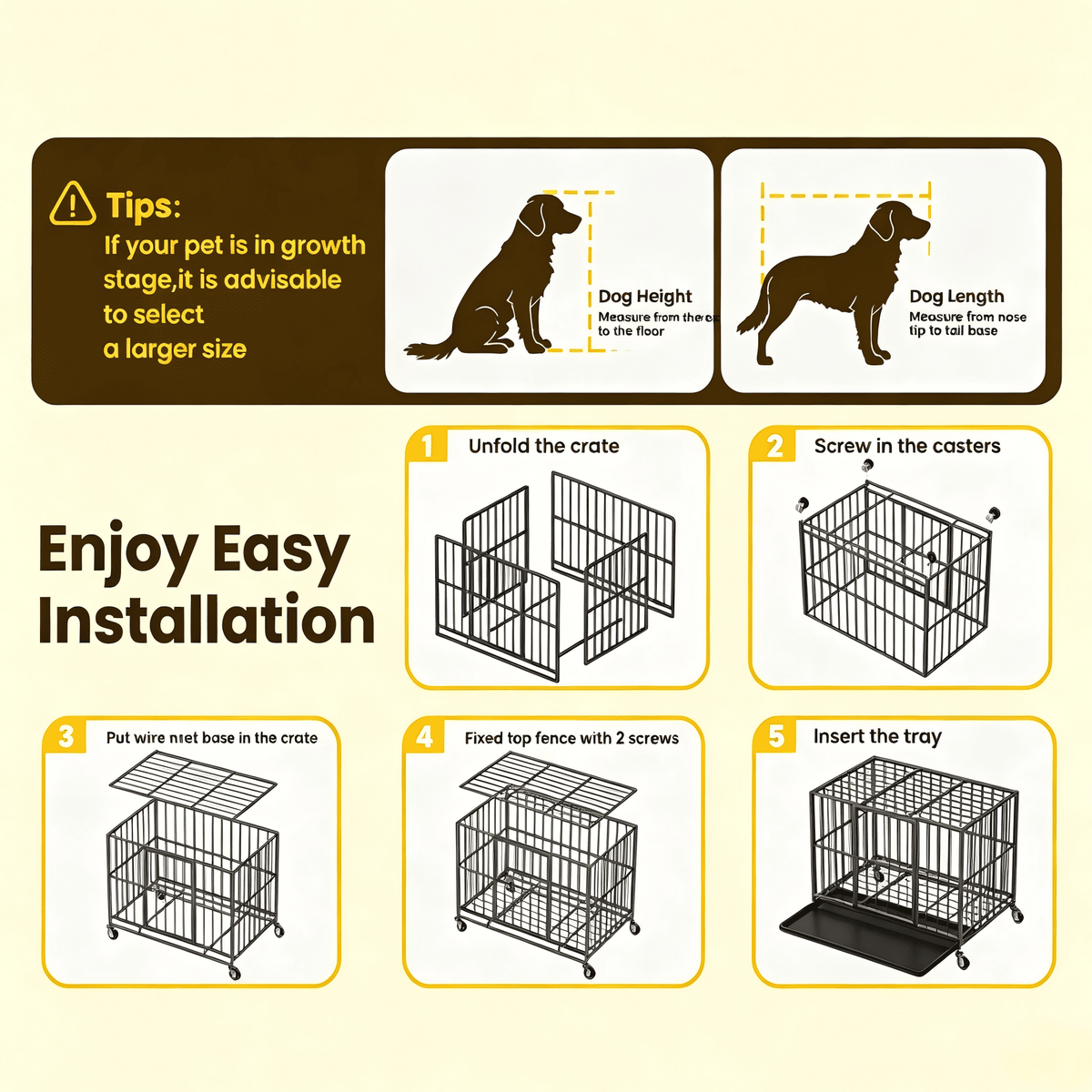 Time Ray 38 inch Dog Crate for Medium Dog with Steel Escape Proof,Heavy Duty Indestructible Dog Kennel with Double Doors,Lockable Wheels and
