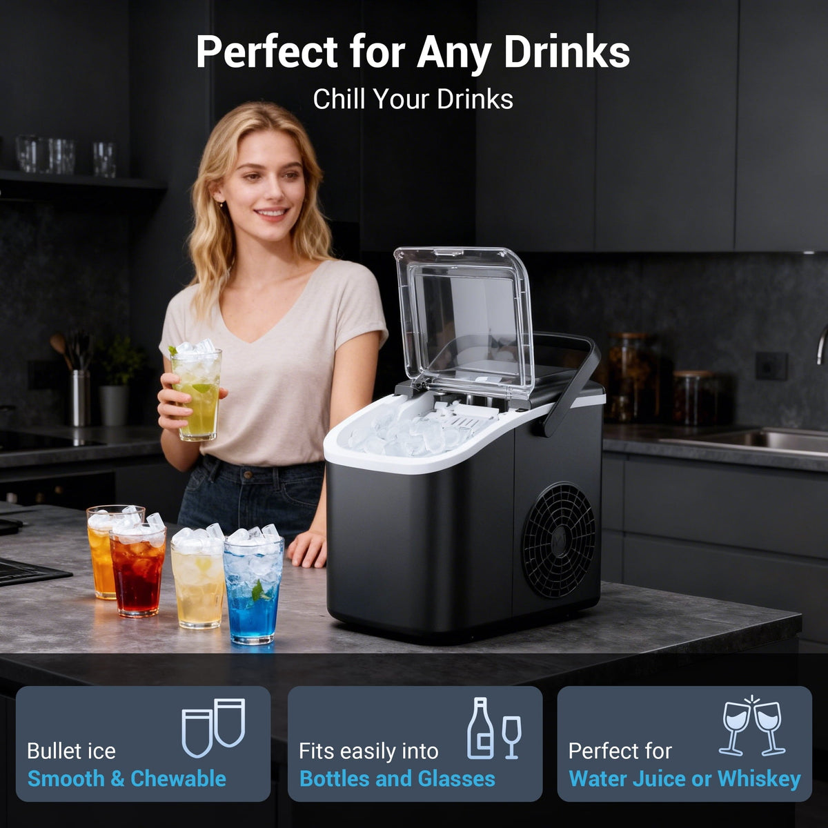Snowyermine Countertop Ice Maker with Handle, 26 lbs/24H Portable Ice Machine, 2 Bullet Ice Sizes, 8 Cubes in 6 Minutes, Self-Cleaning for Home, Bar