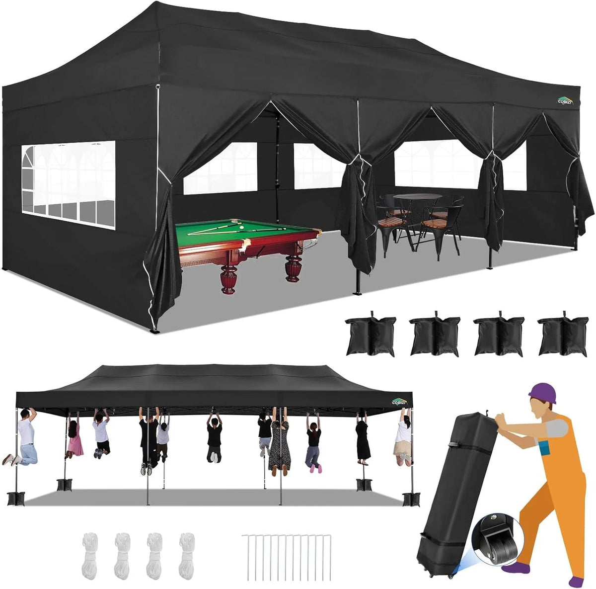 COBIZI 10x20 Heavy Duty Pop-Up Canopy Tent With 6 Sidewalls - Black