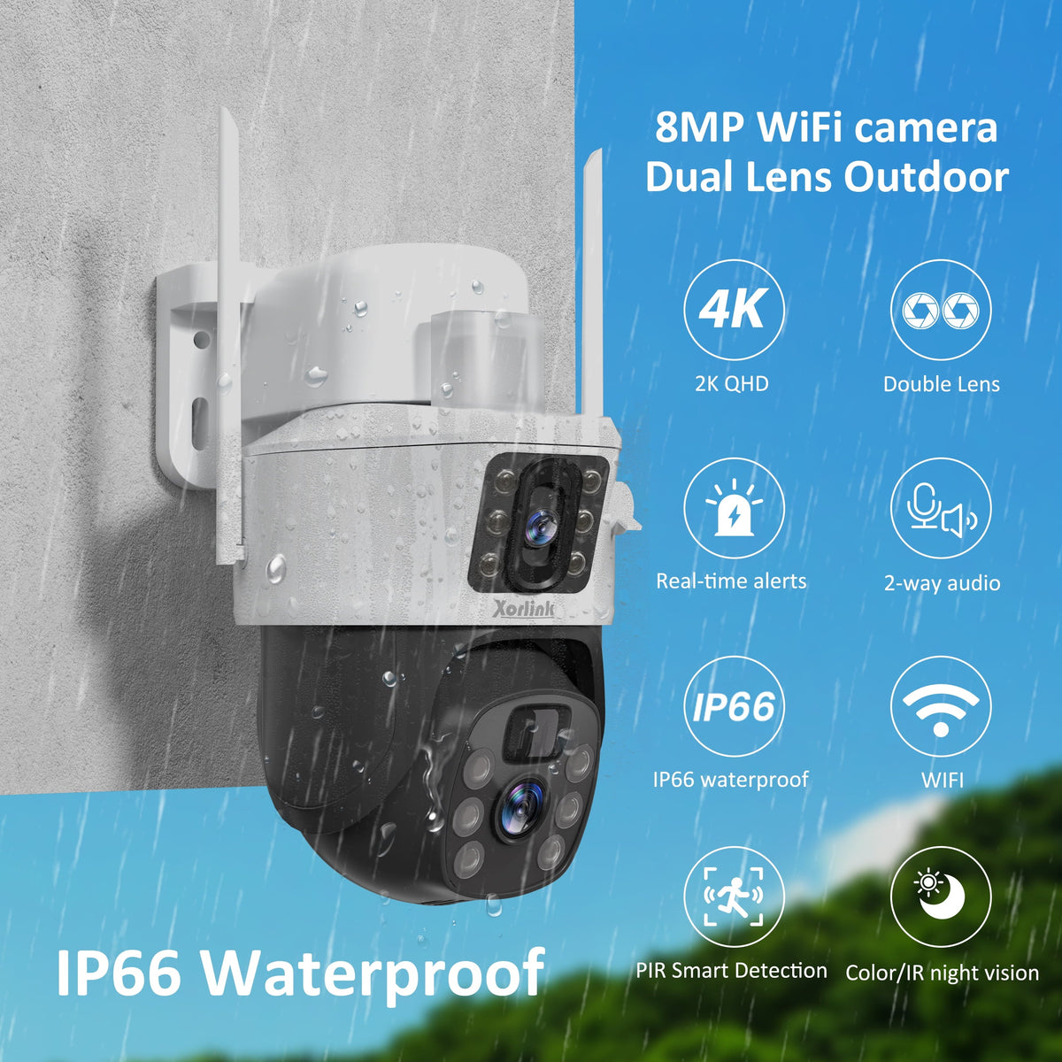 Xorlink 4K/8MP Solar Security Camera, 360° View Wireless Outdoor Camera, Waterproof PIR Detection, Rechargeable Battery Powered Home Dual Lens