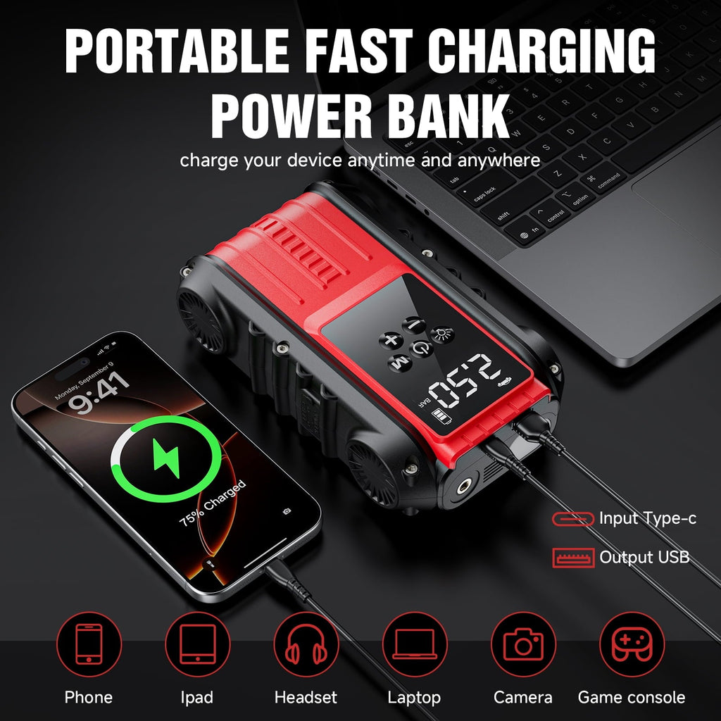 Lolseas Car Jump Starter with Air Compressor, 4500A Car Battery Jump Starter for 9.0L Gasoline/8.0L Diesel Engines, 150PSI PortableTire Inflator