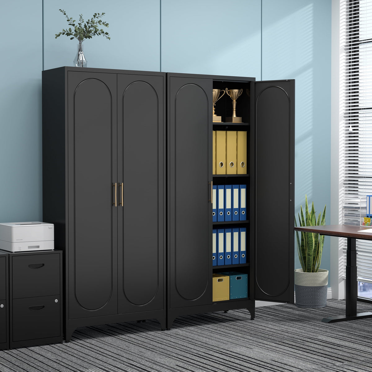 Polup Modern Tall Metal Kitchen Storage Pantry Cabinet, 75" H, Adjustable Shelves, Doors, Black