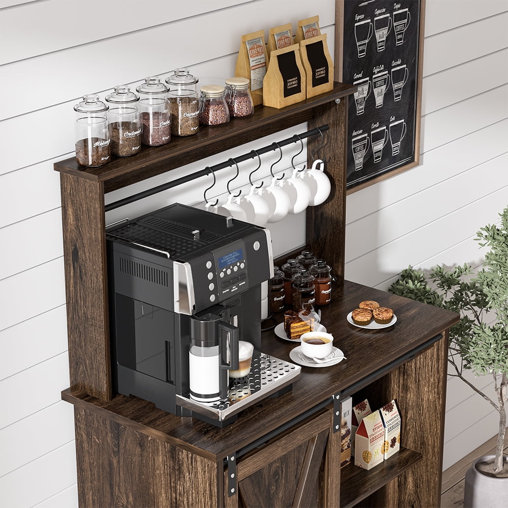 Catrimown Farmhouse Coffee Bar Cabinet, Sideboard Buffet Cabinet with Storage and Shelf, Dark Oak