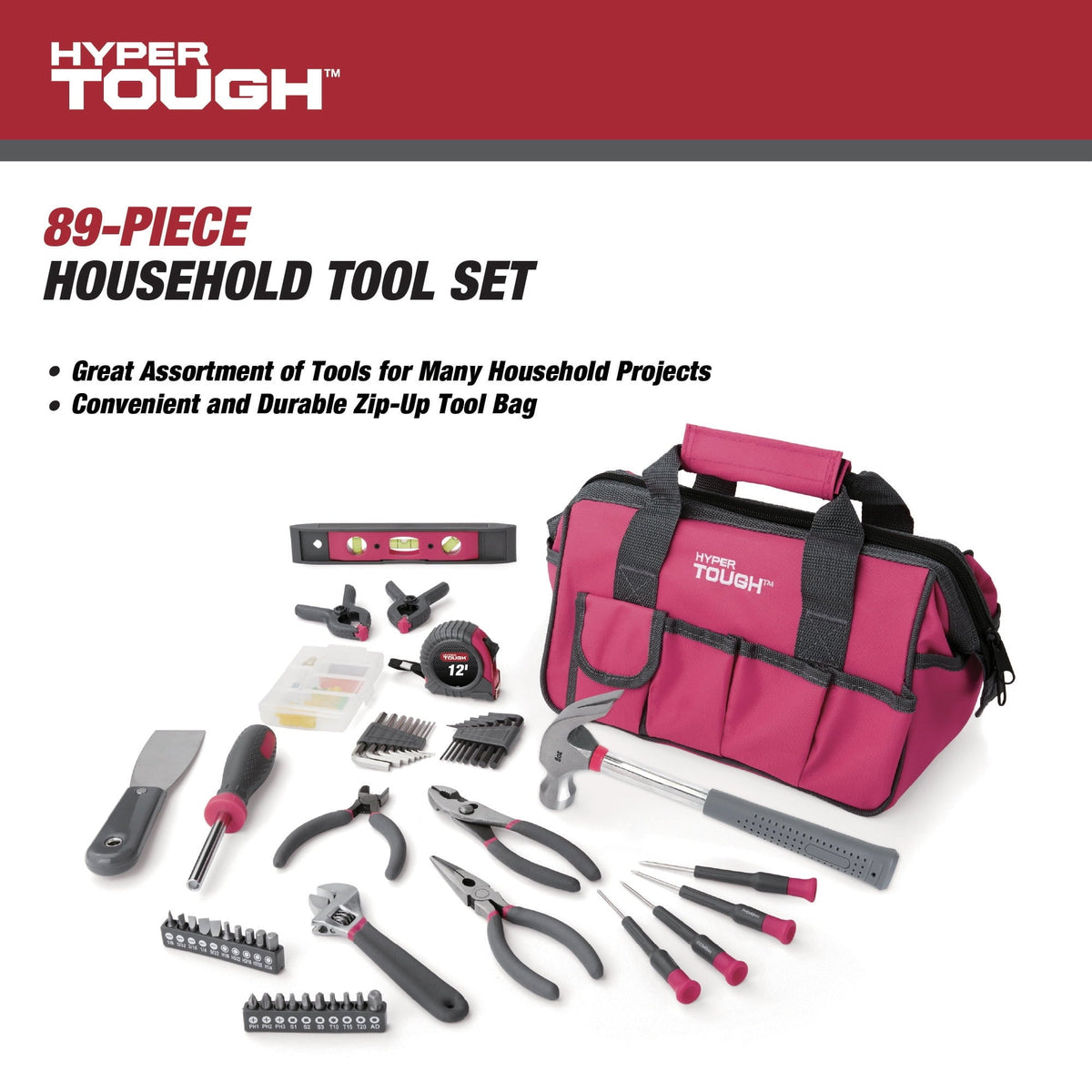 Hyper Tough 89-Piece Household Tool Set with 12-Pocket Zip-Up Tool Bag, Pink