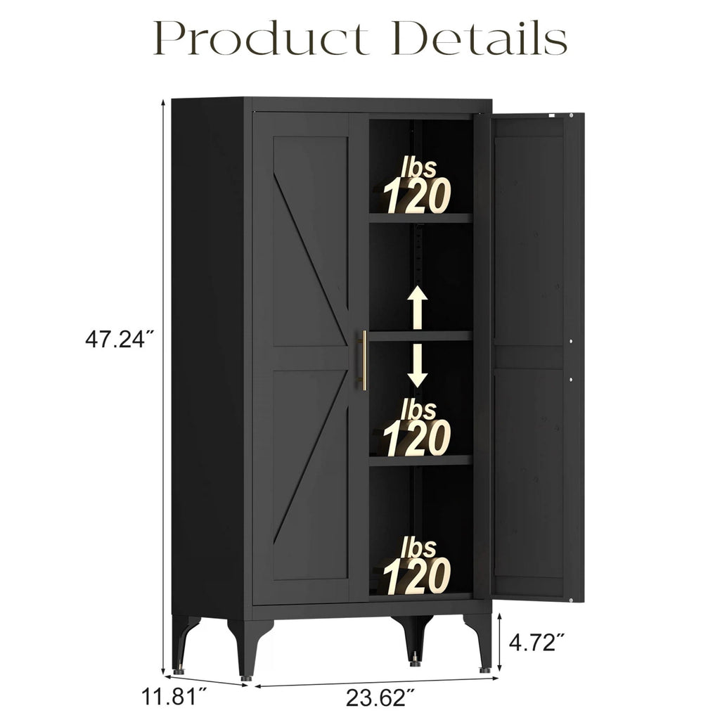 AISWORD 47 Inch Metal Kitchen Pantry Cabinet, Freestanding Storage Cupboard with 3 Adjustable Shelves, 4-Tier Tall Storage Cabinet for Kitchen