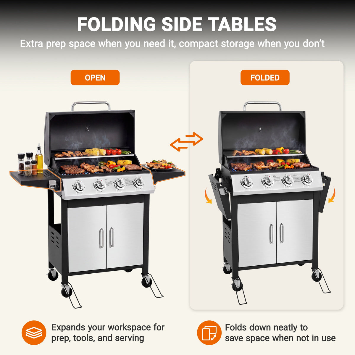 SEGMART 4 Burner BBQ Propane Gas Grill, Stainless Steel 40,000 BTU Patio Garden Barbecue Grill with Folding Side Tables, Thermometer & Bottle Opener