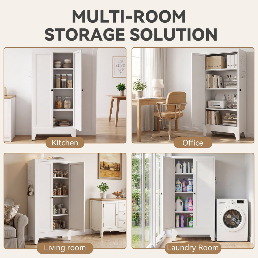 Glyxxen 47" Kitchen Pantry Cabinet, Metal Storage Cabinet, Modern Tall Steel Pantry Cupboard with 2 Doors and Adjustable Shelves for Kitchen Garage