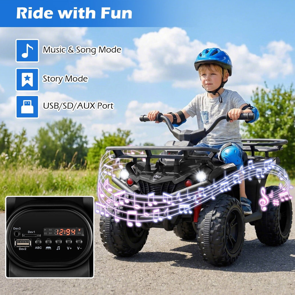 OLAKIDS 24V Kids ATV Quad with 5Mph Max Speed, Spring Suspension, LED Lights, Music & Story Player, Big Tires, 2 Storage Spaces, Ride On Car for Boys