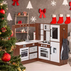 BRINJOY Corner Wooden Kids Play Kitchen With Faucet, Sink, Microwave, Oven, Apron, Blackboard, Sound And Light