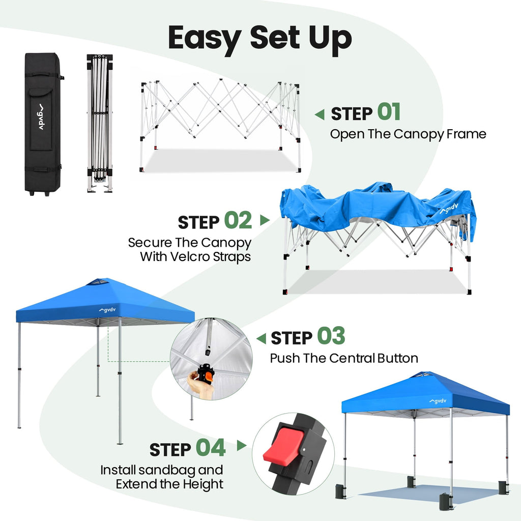 GVDV Canopy Tent, 10x10 Pop up Canopy Outdoor Shade with Wheeled Bag, Easy up Sun Shelter with Vents, Blue