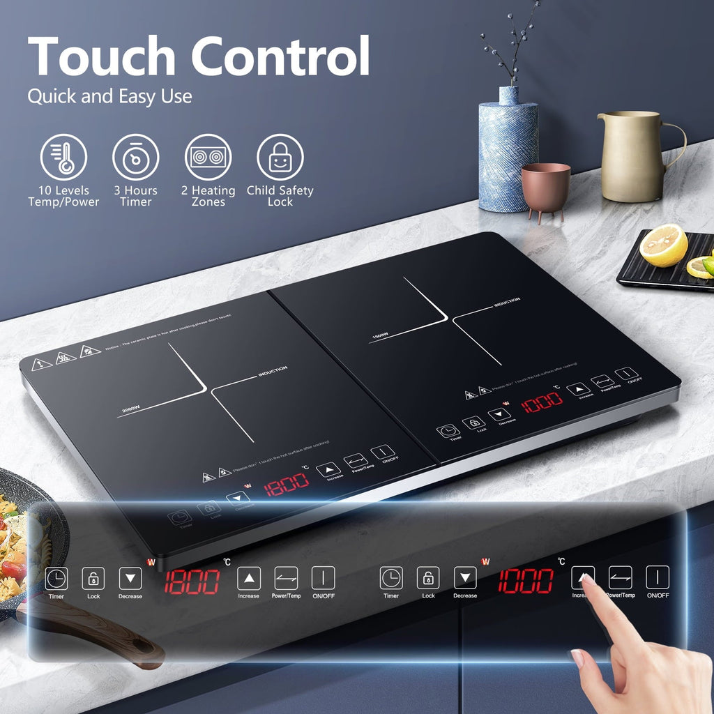 Sunmaki Double Induction Cooktop Portable Electric Stove 2 Burners Electric Cooktops 1800W, 10 Temperature & Power Levels