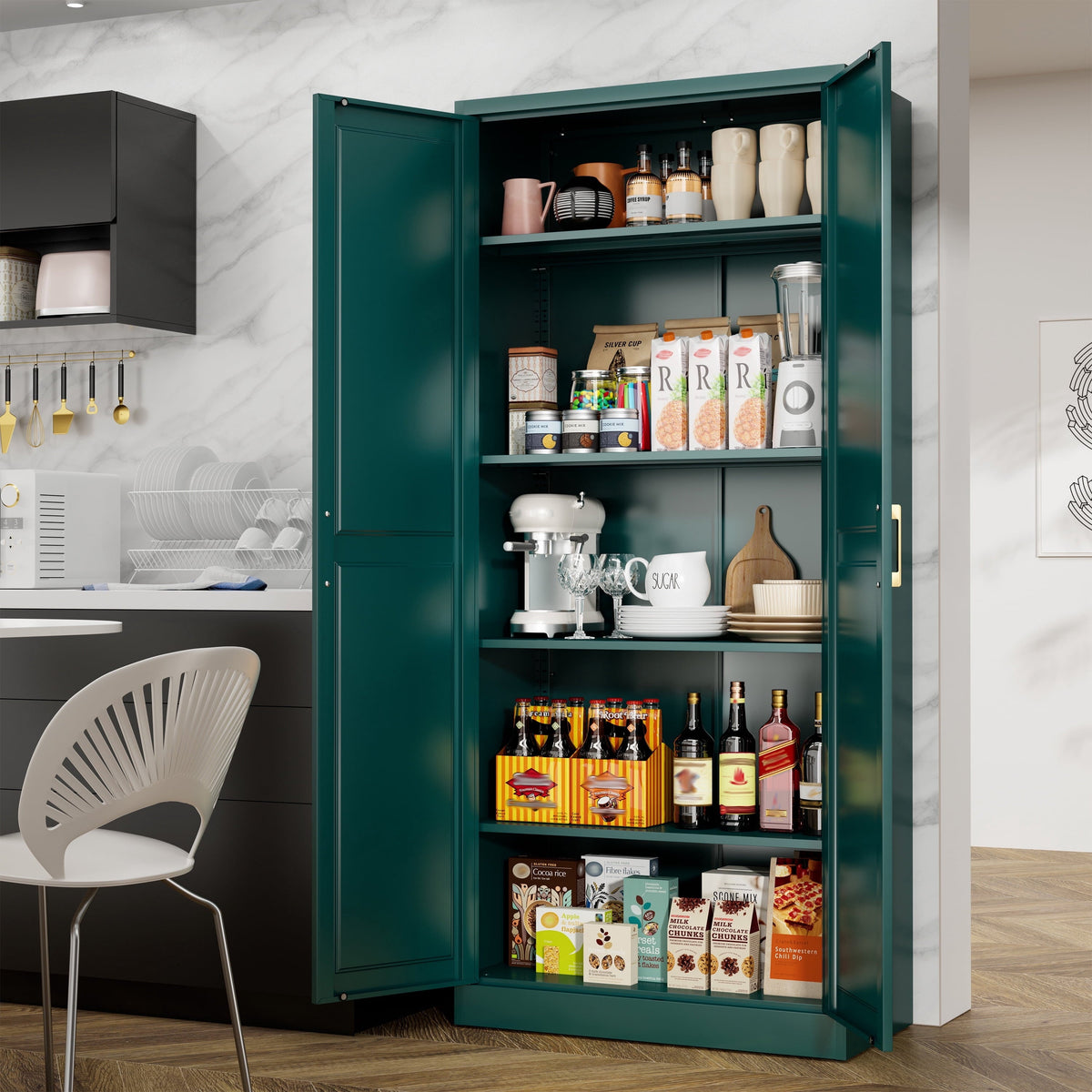 Polup 71" Green Pantry Storage Cabinet with 2 Doors, Tall Metal Kitchen Cabinet with Adjustable Shelves, Freestanding Cupboard for Garage, Laundry