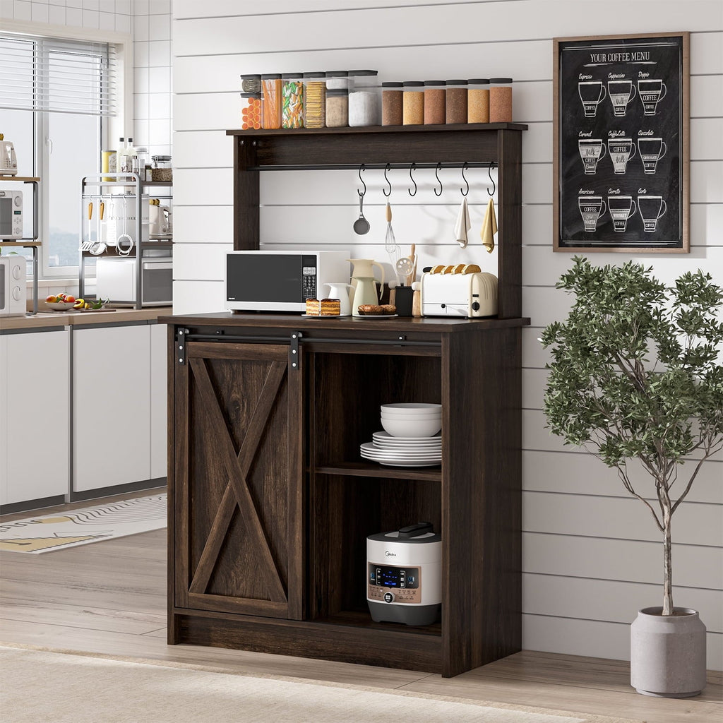 Catrimown Farmhouse Coffee Bar Cabinet, Sideboard Buffet Cabinet with Storage and Shelf, Dark Oak