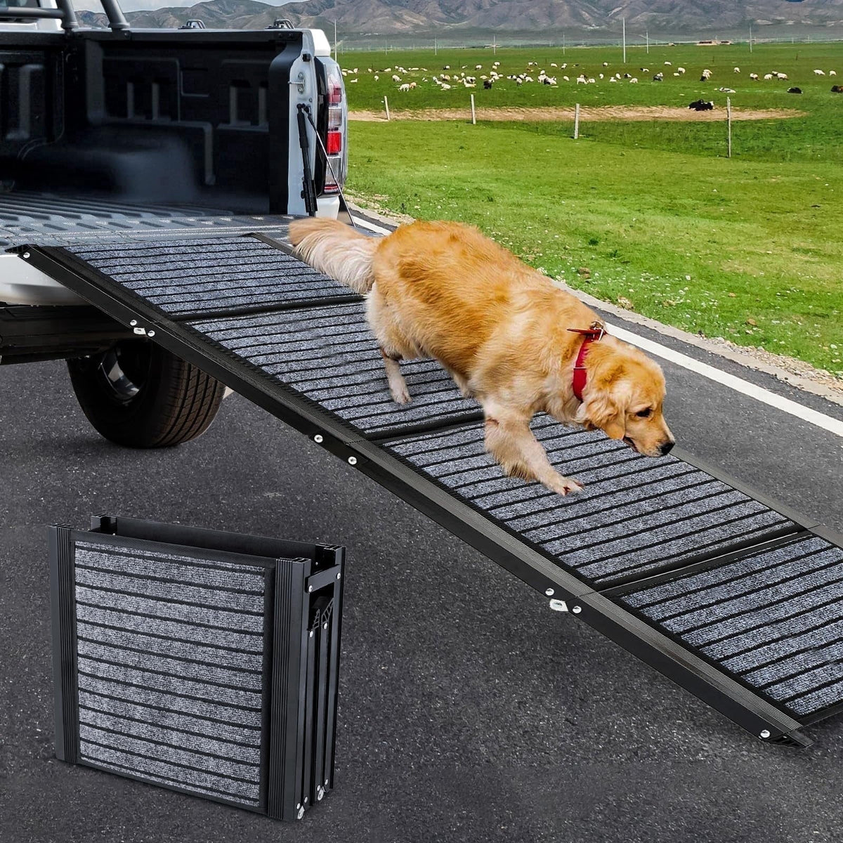 71" Foldable Dog Ramps for Large Dogs, Dog Car Ramp with Non-Slip Rug Surface, Pet Ramp Stairs Portable,Dog Steps for Medium & Large Dogs Up to 220