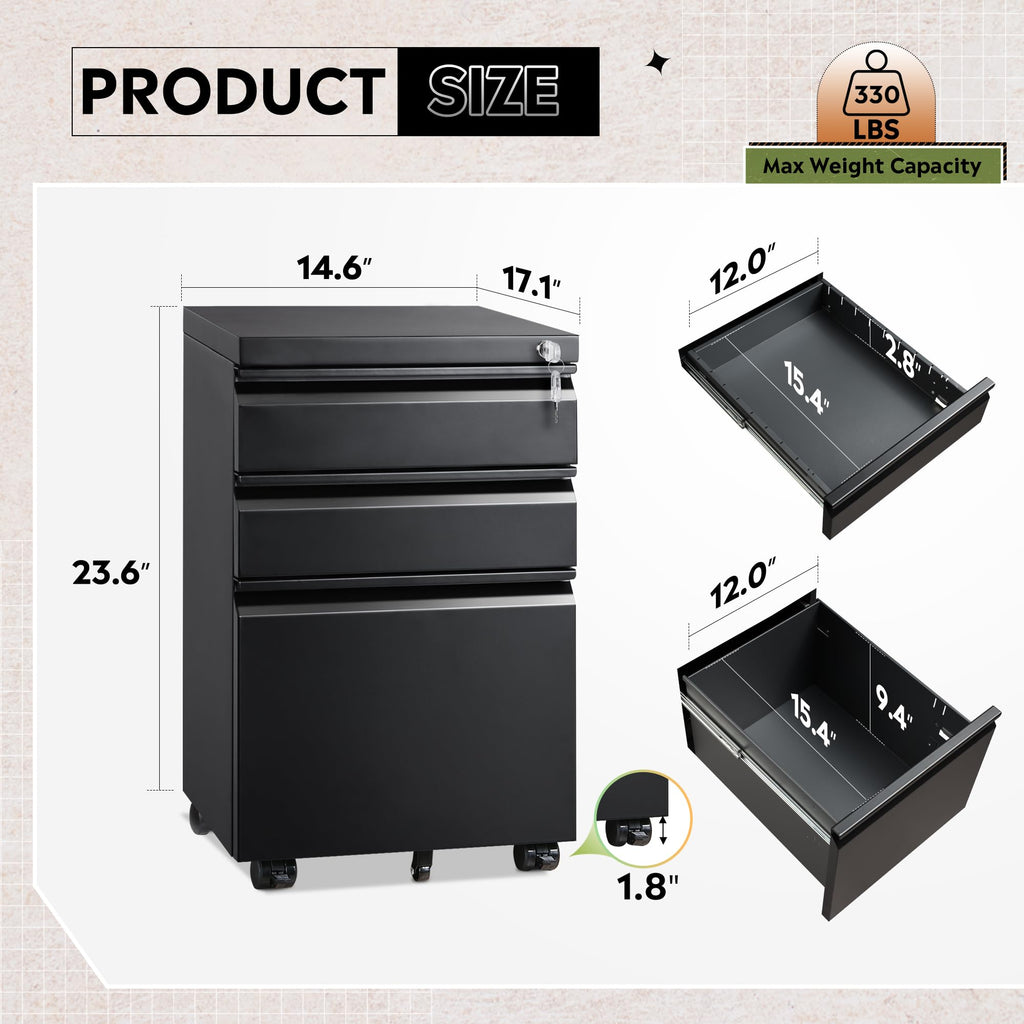 DEVAISE 3 Drawer File Cabinet with Lock, Fully Assembled Except Casters