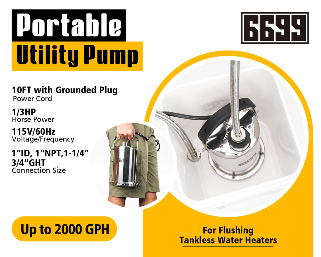 Tankless Water Heater Flushing Kit Includes 1/3HP Stainless Steel Sump Pump with Two Adapters & 3 Gallons Pail with Bucket Lid Opener & Two 1/2” Dia