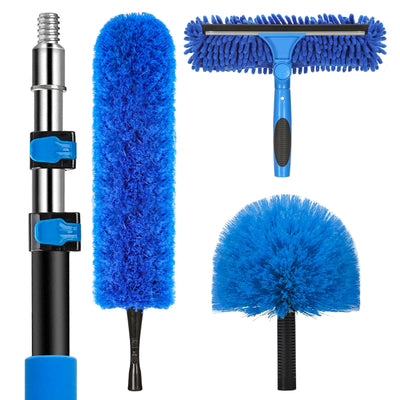 20 Feet High Reach Duster Kit with 5-12 Ft Extension Pole, Cobweb Duster with Telescoping Pole, Window Squeegee with Scrubber, Spider Web Brush, High