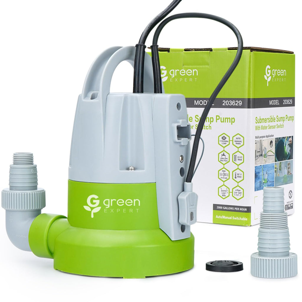 Green Expert 1/3HP Submersible Sump Pump with Water Sensor Switch, Low Water Last-Inch Drain Pump, 2000GPH Automatic/Manual Water Removal for Flooded