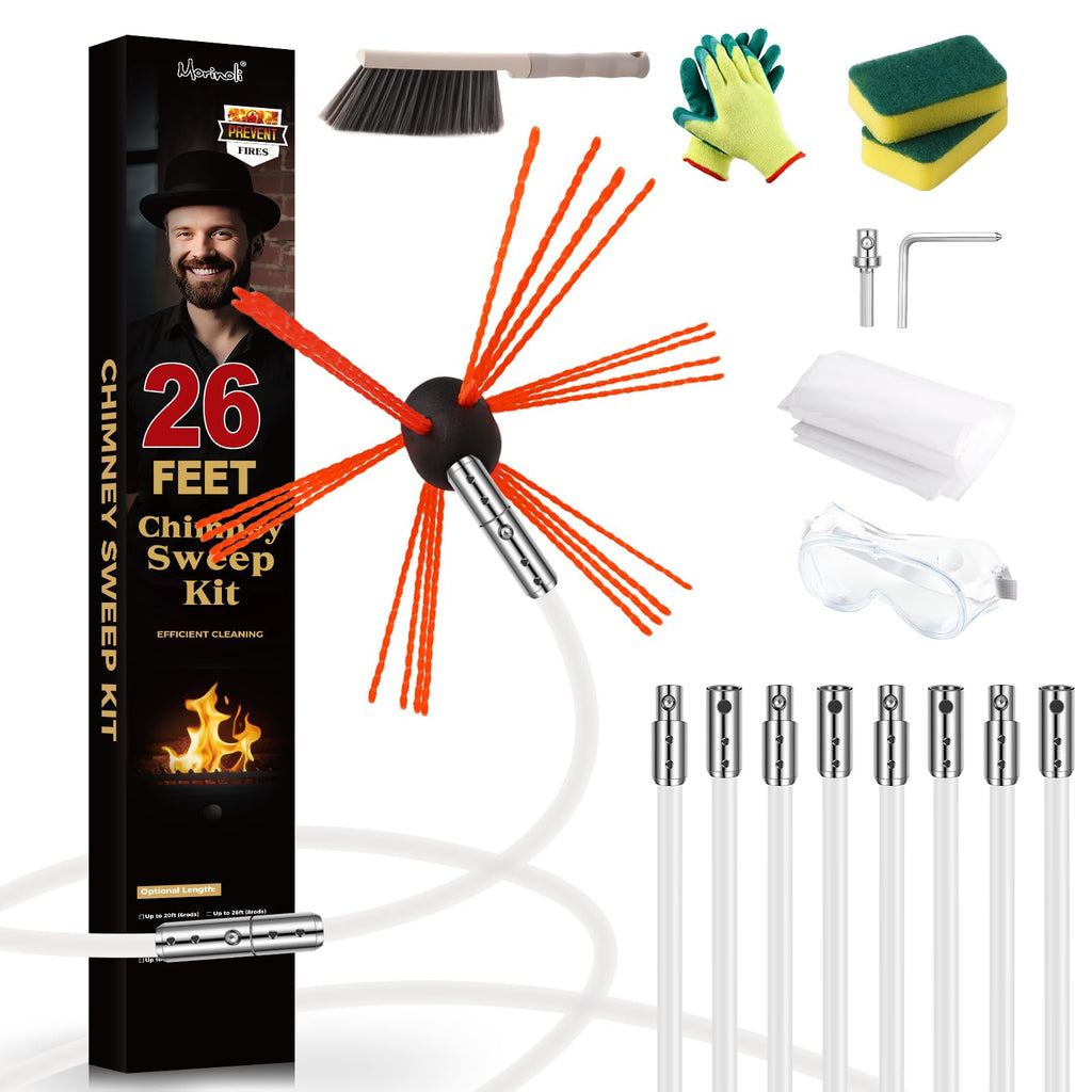 26 Ft Chimney Sweep Kit with 8 Flexible Rods & Chimney Brush
