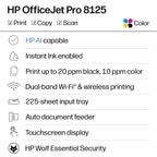 HP OfficeJet Pro 8125 Wireless All-in-One Color Inkjet Printer, Print, Scan, Copy, ADF, Duplex Printing Best-for-Home Office, 3 Month Trial of